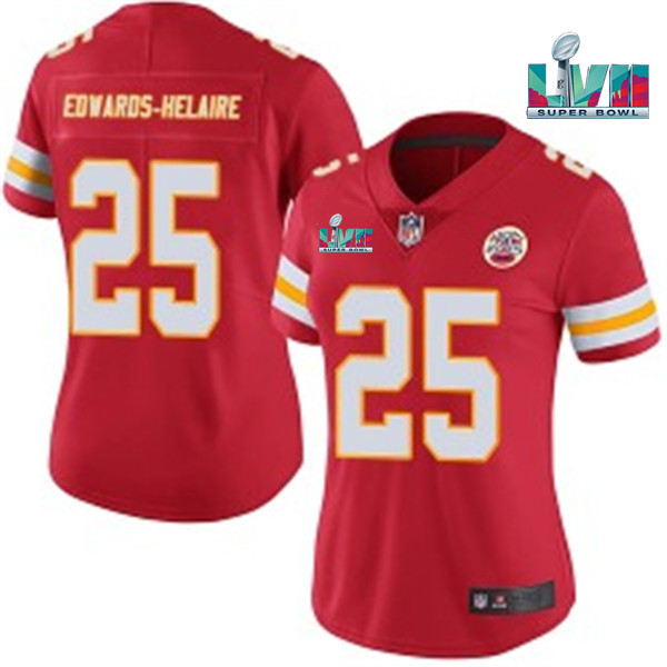 Women's Kansas City Chiefs #25 Clyde Edwards-Helaire Red Super Bowl LVII Patch Vapor Stitched Jersey(Run Small)